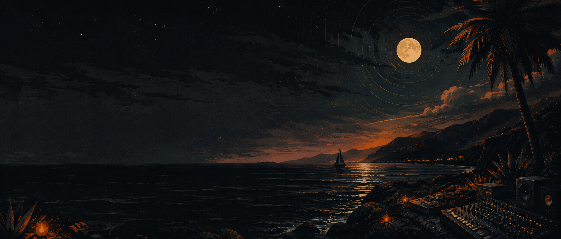 A moonlit sailboat crossing a dark California coast