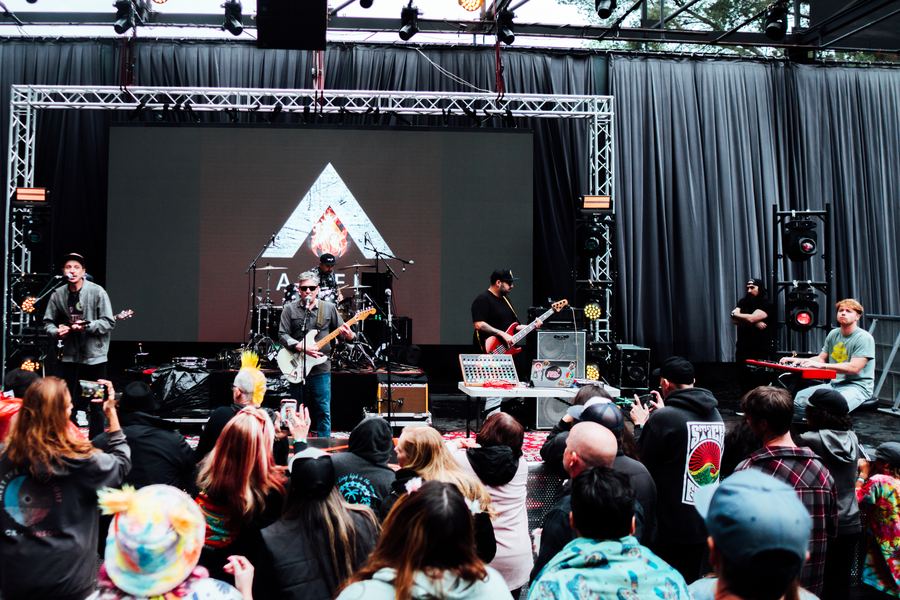 The band mid-set with the crowd in the foreground