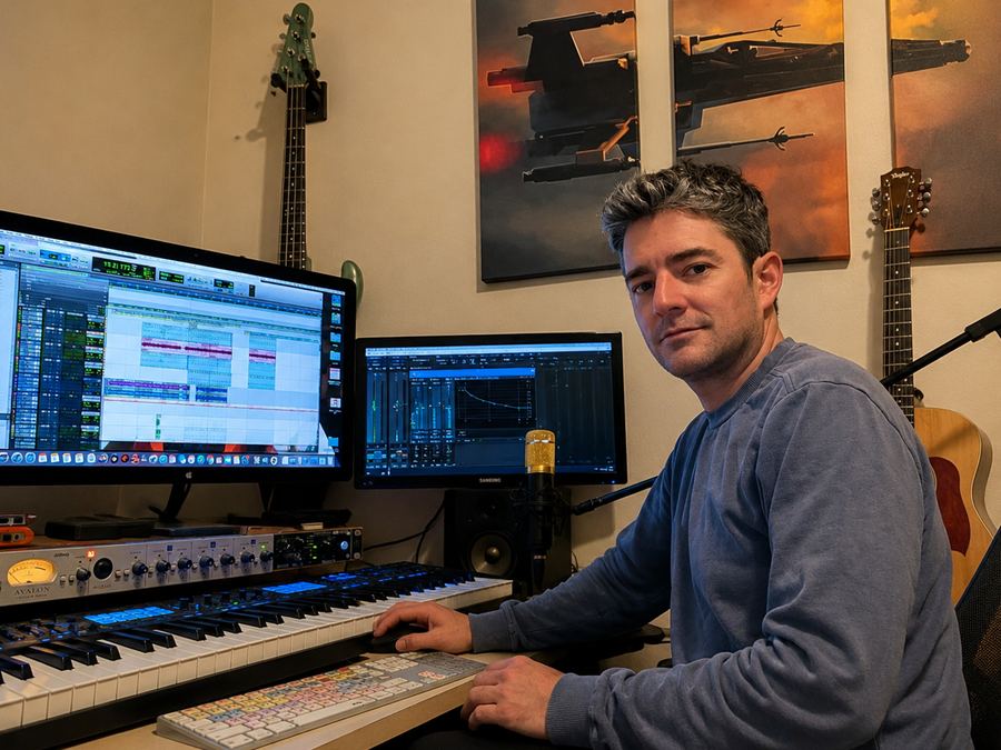 Musician at the mixing console in a studio control room