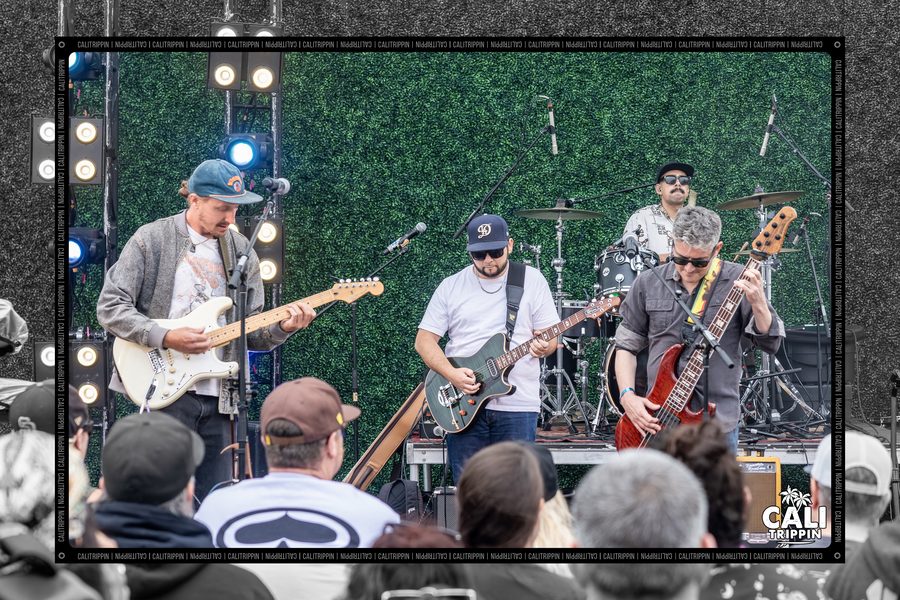 The band playing on a hedge-backed outdoor stage