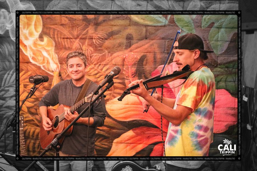 Two players on acoustic guitar and violin at their microphones